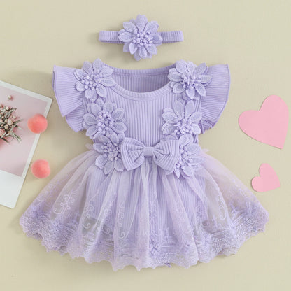 Flower Applique Baby Girl Romper Dress with Headband, Lace Mesh Skirt and Waist Bow, Cotton Blend Summer Occasion Outfit for 0-18 Months