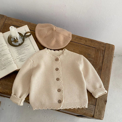 Scalloped Neck Baby Cardigan with Button Front, Textured Knit and Ribbed Cuffs, Long Sleeve Infant and Toddler Sweater in Khaki or Apricot