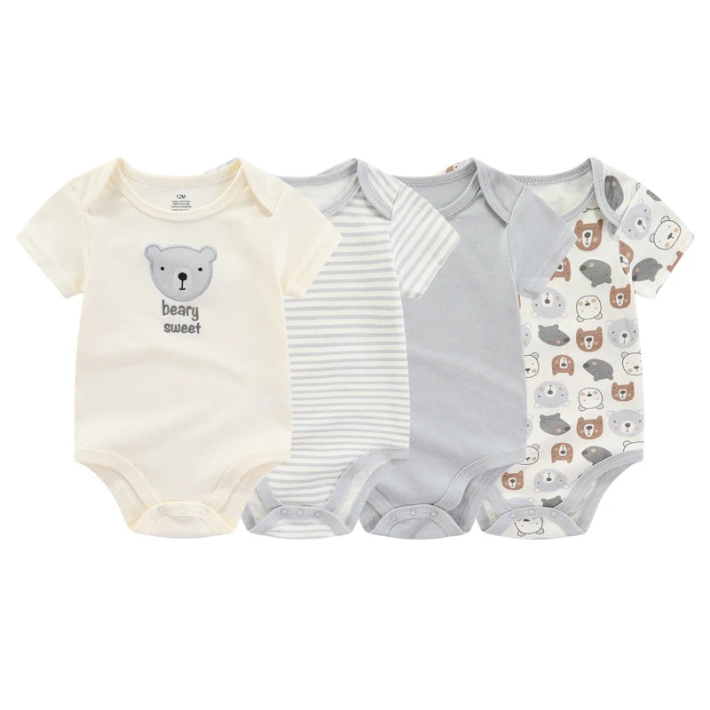 Baby Bodysuit Multipack in Cotton, 4- or 5-Piece Short Sleeve Infant Clothing with Printed and Solid Designs for Boys and Girls, Sizes 3M-12M