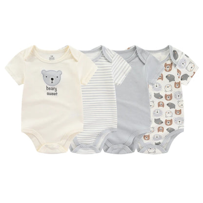 Baby Bodysuit Multipack in Cotton, 4- or 5-Piece Short Sleeve Infant Clothing with Printed and Solid Designs for Boys and Girls, Sizes 3M-12M