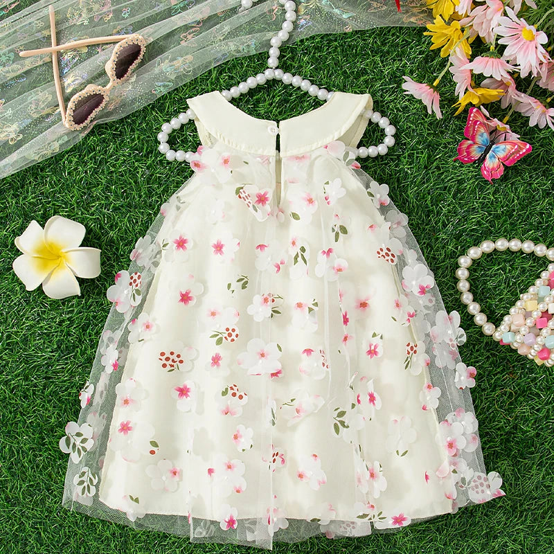 Baby Girl Floral Mesh Dress with Bow, Sleeveless Party Dress in Infant and Toddler Sizes for Birthdays, Family Photos and Summer Celebrations