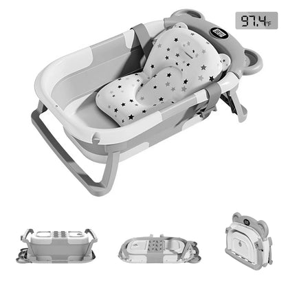 Travel Baby Bathtub with Thermometer and Soft Floating Cushion, Collapsible PP and TPE Bath Tub with Drain Plug for Supervised Infant and Toddler Bathing