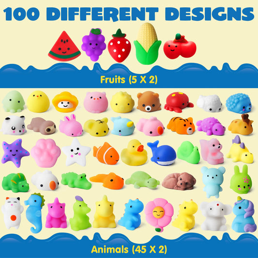 Bulk Mochi Squishy Toys, Joyfy 100-Piece Mini Animal and Fruit Fidget Set for Birthday Party Favors, Classroom Prizes and Goodie Bag Fillers