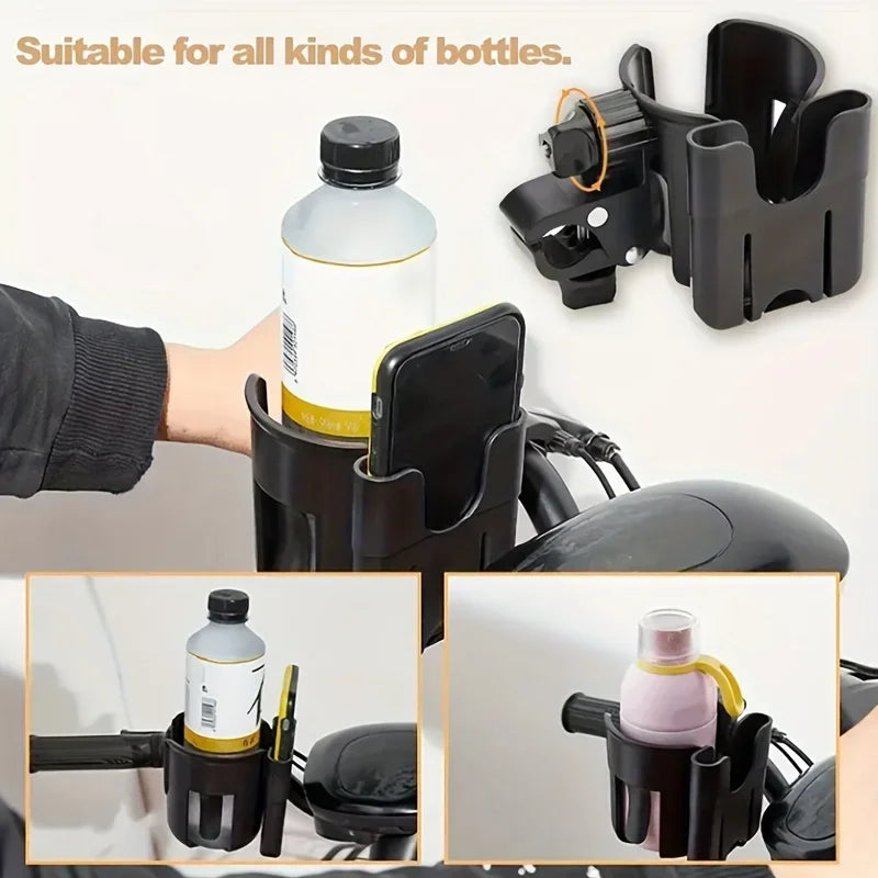 Stroller Beverage and Phone Organizer with Clamp Mount, 2-in-1 Cup and Bottle Holder in Black or Beige for Compatible Stroller and Wheelchair Frames