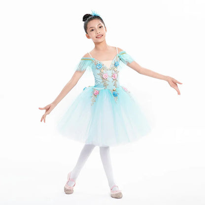 Floral Girls Ballet Tutu Dress with Ruffled Shoulders and Layered Skirt for Dance Recitals, Stage Performances and Group Costumes, Sizes 110-160