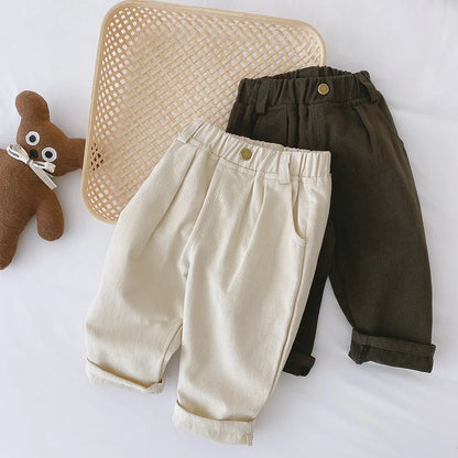 Toddler Cotton Canvas Pants with Elastic Waist and Side Pockets, Unisex Beige or Dark Gray Casual Trousers for Spring and Fall, Sizes 12M-6T