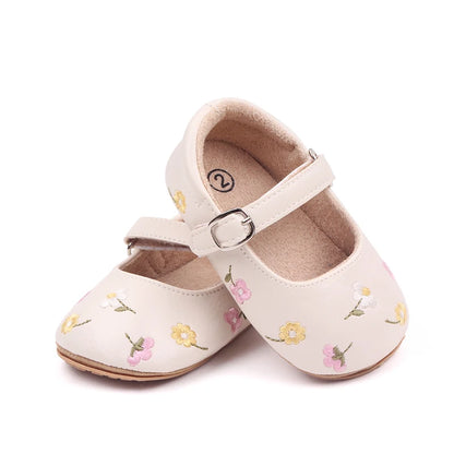 Baby Floral Mary Jane Shoes with Embroidered Flowers, Soft TPR Soles and PU Uppers in Beige Brown or Lavender for Dressy Outfits, Sizes 0-18 Months