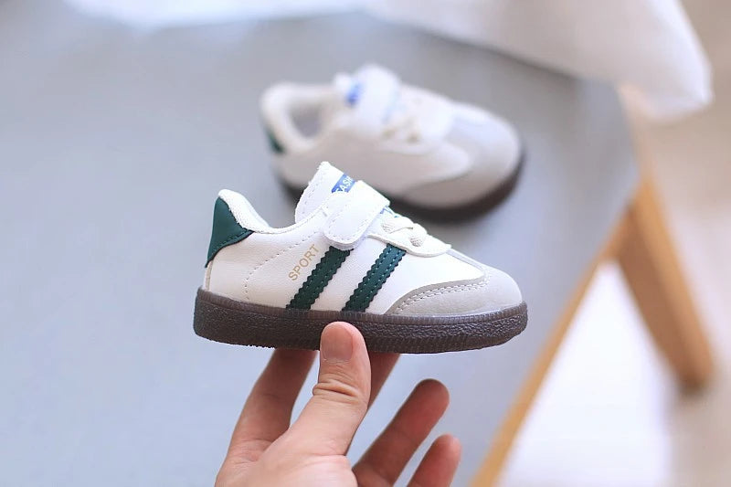 Toddler Twin Stripe Strap Sneakers with Faux PU Uppers and Lace Details, Black, Beige or Green Casual Shoes for Boys and Girls, 11.8-16 cm Inner Lengths