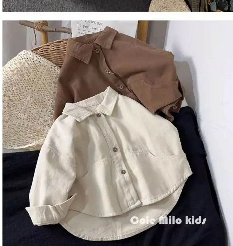 Baby and Toddler Collared Button-Up Shirt with Long Sleeves and Chest Pocket, Beige or Brown Unisex Casual Top for Spring and Fall Family Outfits
