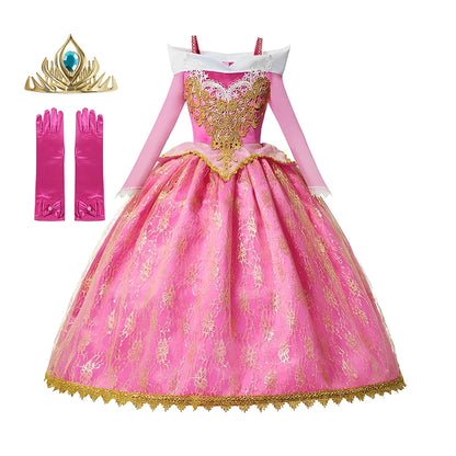 Pink Princess Costume Dress for Girls with Gold-Tone Detailing and Long Sleeves, Aurora-Inspired Party Dress-Up with Selectable Bundle Options