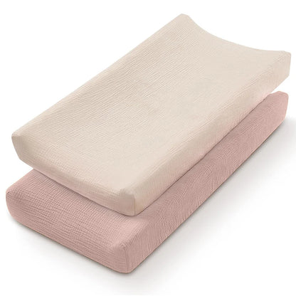 Muslin Cotton Changing Pad Covers 2-Pack with Elastic Edges, Double-Layer Baby Diaper Mat Covers for Newborn Nursery Care and Baby Shower Gifts