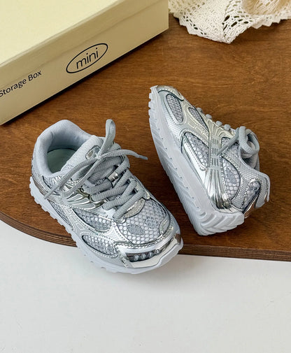 Kids Mesh Sneakers with Metallic Orbit Styling, Lace-Up Casual Walking Shoes in Pink or Silver with Rubber Soles for Everyday Outfits