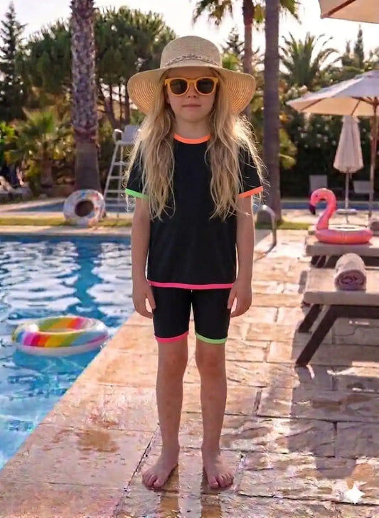 Kids Color Trim Swimwear in Black, Girls One-Piece Swimsuit and Top Skirt Options, Boys Swim Sets and Coordinating Separates for Beach Vacations