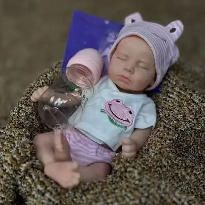 Mini Silicone Reborn Baby Doll LouLou, 12–13 Inch Sleeping Boy or Girl with Painted Finish, Open-Mouth Design, Outfit, Bottle and Boxed Certificate
