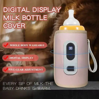 Baby Bottle Insulation Sleeve with LCD Display, Portable USB Milk Warming Cover with Carry Loop for Caregiver Use at Home and During Travel