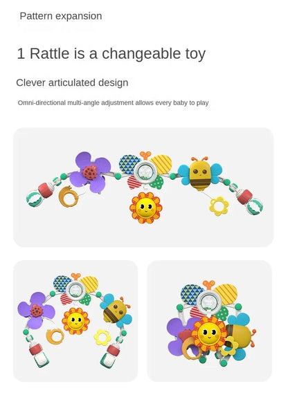 Stroller Activity Toy Arch with Colorful Hanging Play Details, Ocean or Bee Theme Clip-On Baby Play Bar for Supervised Sensory Exploration