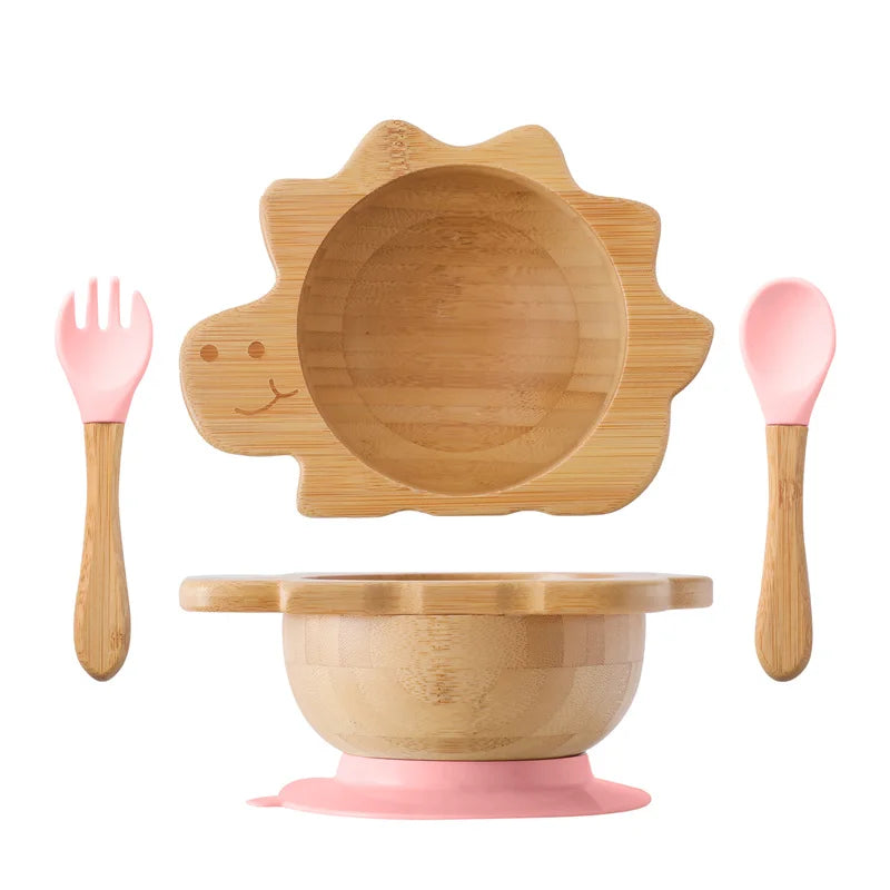 Bamboo Baby Suction Bowl and Tableware Options, Sun, Cloud and Dinosaur Designs with Single-Piece or 3-Piece Wooden-Handle Utensil Sets