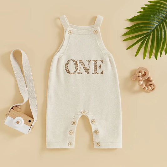 Baby Knit Birthday Overalls with Embroidered Letters, Cotton Blend Suspender Romper with Button Details for Boys and Girls, 6 Months-3 Years