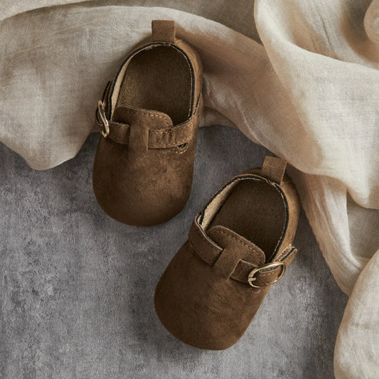 Baby Suede Buckle Flats with Rounded Toes and Textured Rubber Soles, Khaki, Brown or Gray Shoes for Infant Boys and Girls, Age Options 0-18 Months