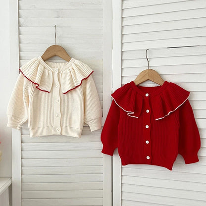 Contrast-Trim Ruffle Collar Baby Girl Cardigan Styles with Button Front and Long Sleeves, Infant and Toddler Knit Sweater Options in Sizes 3M-3T