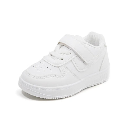 Kids White Low-Top Sneakers with Adjustable Strap, Perforated Toe and Silver Heel Detail for Boys and Girls Spring and Fall Casual Outfits