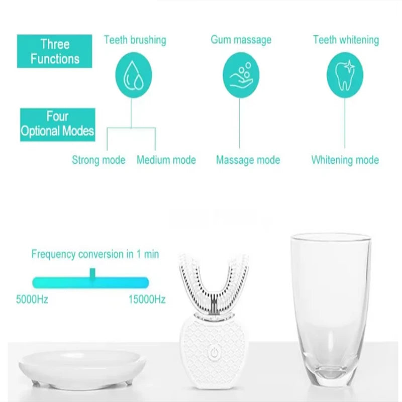 Automatic U-Shaped Electric Toothbrush with Sonic Vibration, USB Rechargeable Design and Blue Light in White, Black, Blue or Pink