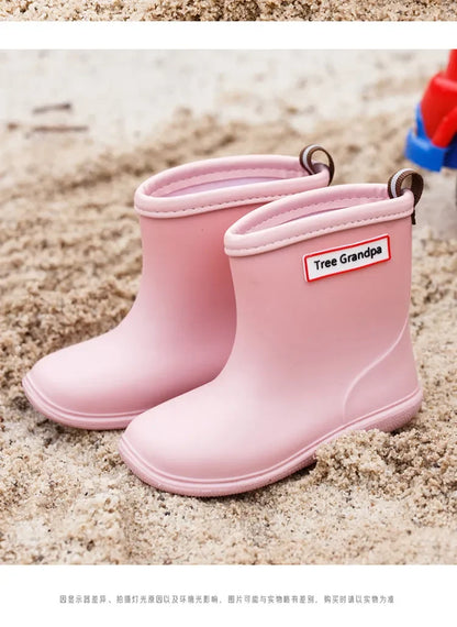 Solid Color Kids Rain Boots in PVC with Rear Pull Tabs, Mid-Calf Pull-On Rainy-Day Shoes for Boys and Girls, Eight Colors and Listed Sizes 5-12