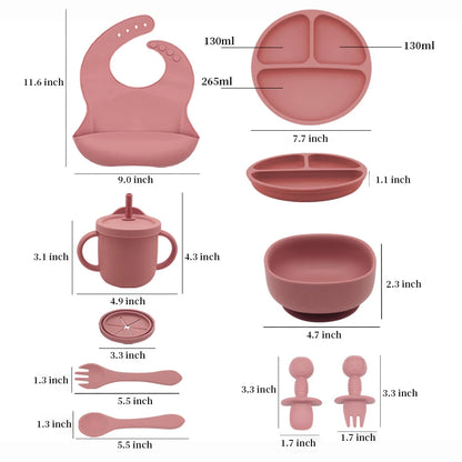 Baby Silicone Tableware Set, 9-Piece Mealtime Collection with Divided Plate, Suction Bowl, Pocket Bib, 2-in-1 Cup and Utensils in Four Colors