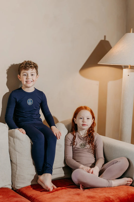 Anchor Print Matching Kids Pajamas in Modal Cotton, Long Sleeve Top and Pants with Baby Footie Options in Blue and Apricot Styles