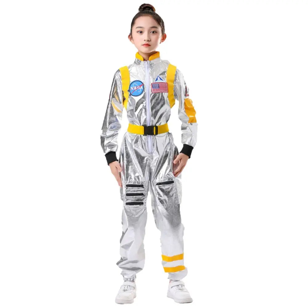 Kids Astronaut Costume Jumpsuit, Silver Space Explorer Outfit for Halloween, Carnival, Cosplay and Imaginative Dress-Up, Sizes 120–150