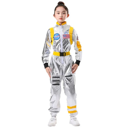 Kids Astronaut Costume Jumpsuit, Silver Space Explorer Outfit for Halloween, Carnival, Cosplay and Imaginative Dress-Up, Sizes 120–150