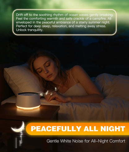 24-Sound White Noise Machine with Warm Breathing Night Light, 30/60/90-Minute Auto-Off Timer and USB Rechargeable Design for Nursery and Travel