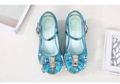 Bow-Accent Glitter Mary Jane Shoes for Girls with Buckled Strap and Block Heel, Sparkling Princess Dress Shoes for Parties and Weddings