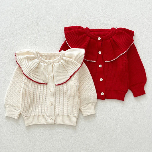 Contrast-Trim Ruffle Collar Baby Girl Cardigan Styles with Button Front and Long Sleeves, Infant and Toddler Knit Sweater Options in Sizes 3M-3T
