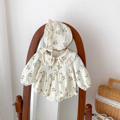 Lace Collar Baby Girl Romper with Bonnet, Cream Floral Long Sleeve Bubble One-Piece and Matching Hat for Spring Photos, Sizes 66-90