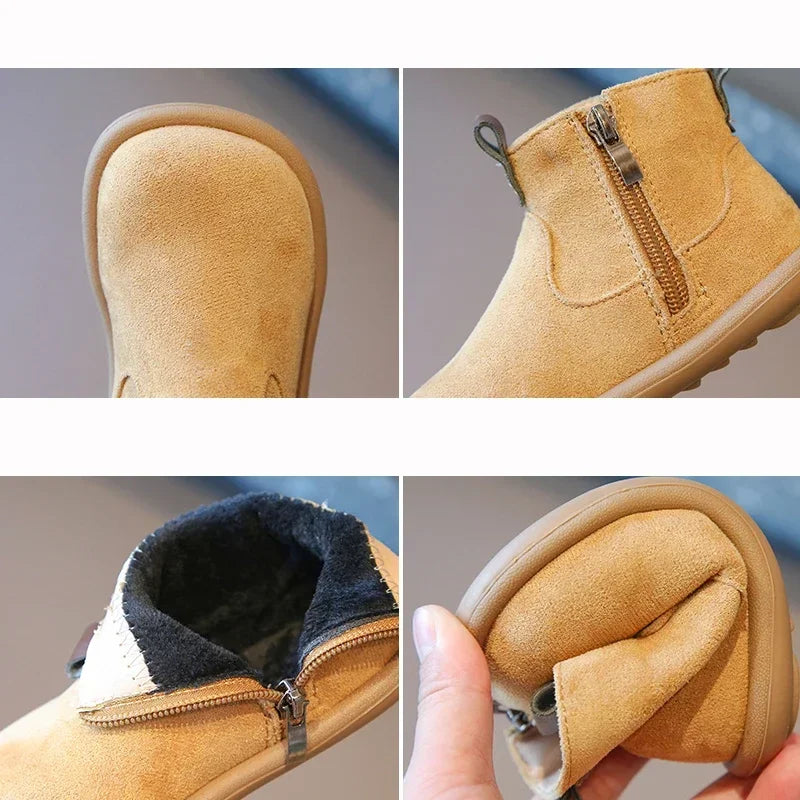 Toddler Suede-Look Ankle Boots with Side Zipper and Colorful Pull Tabs, Green Pink or Yellow Casual Short Boots for Boys and Girls in Sizes 21–30