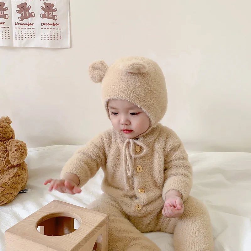 Plush Baby Jumpsuit with Front Buttons and Long Sleeves, Textured Fall Winter One-Piece Outfit for Boys and Girls in White, Camel, Pink or Grey