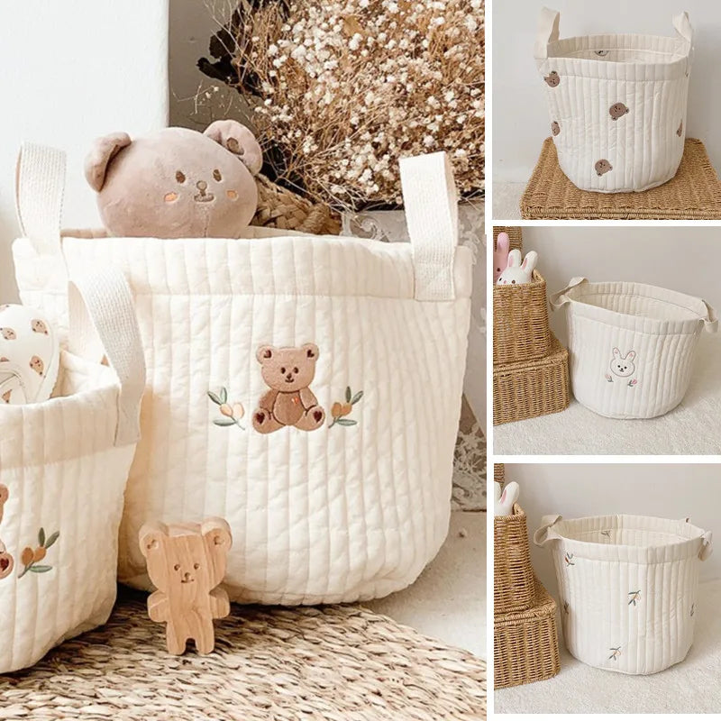 Diaper Storage Basket with Cute Bear Embroidery and Carry Handles, Quilted Nursery Organizer for Newborn Diapers, Toys and Baby Essentials