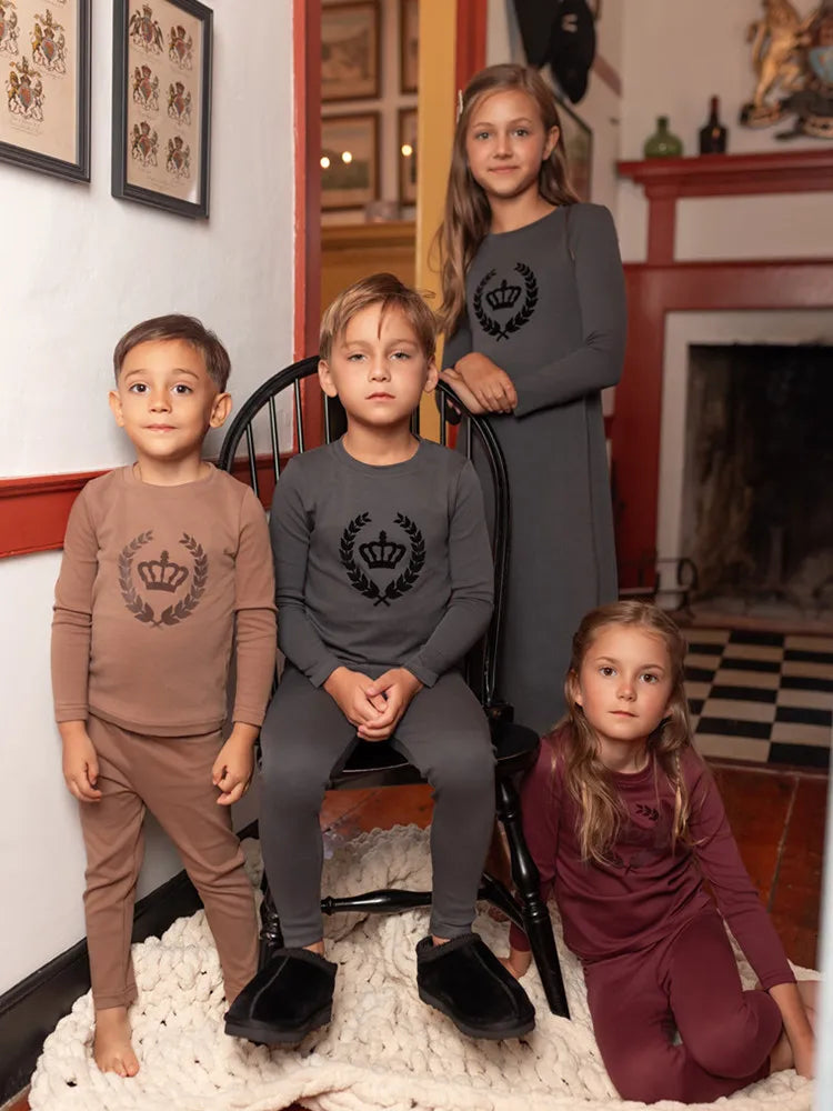 Royal Crown Kids Matching Outfits in Cotton Jersey with Velvet Crown Prints, Long-Sleeve Top and Pants or Dress Styles for Sibling Photos