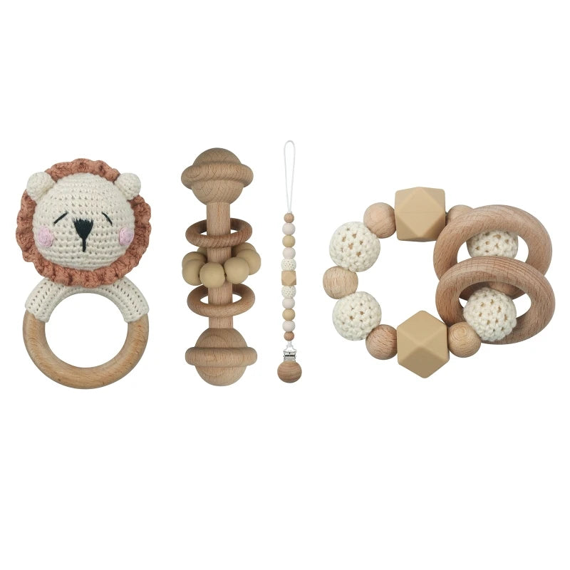 Crochet Animal Rattle Set with Wooden Ring and Coordinating Accessories, Rabbit, Deer and More Designs for Supervised Play and Baby Shower Gifts