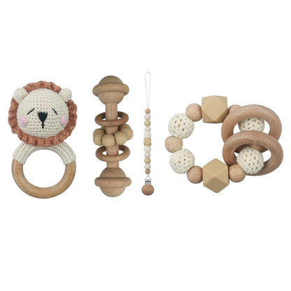 Crochet Animal Rattle Set with Wooden Ring and Coordinating Accessories, Rabbit, Deer and More Designs for Supervised Play and Baby Shower Gifts