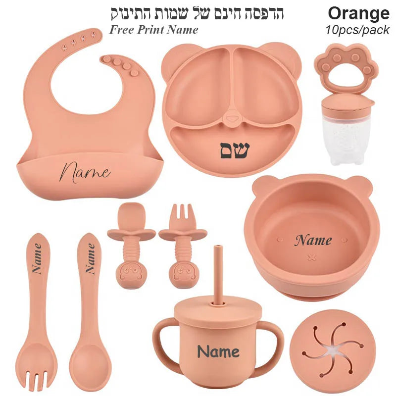 Ten-Piece Personalized Baby Feeding Set with Panda Divided Plate, Suction Bowl, Pocket Bib, Straw Cup and Utensils in Nine Color Options