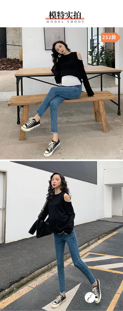 Maternity Denim Jeans with Over-Belly Panel, Blue Pregnancy Pants with Frayed Hem Styling, M-2XL Options for Everyday Casual Outfits