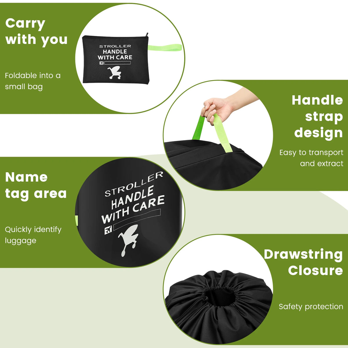Stroller Transport Cover Bag in 300D Oxford Cloth, Black Drawstring Travel Storage with Carry Strap and Name Tag Area for Flights and Road Trips