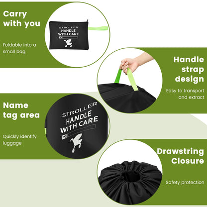 Stroller Transport Cover Bag in 300D Oxford Cloth, Black Drawstring Travel Storage with Carry Strap and Name Tag Area for Flights and Road Trips