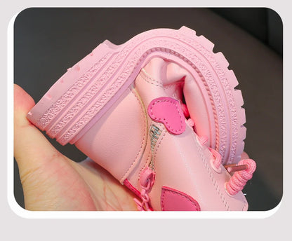 Girls Heart Ankle Boots with Lace-Up Front, Side Zipper and Star Accents, Pink or Black Fashion Shoes with Optional Plush Lining, Sizes 26–37
