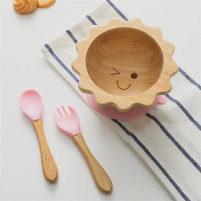 Bamboo Baby Suction Bowl and Tableware Options, Sun, Cloud and Dinosaur Designs with Single-Piece or 3-Piece Wooden-Handle Utensil Sets