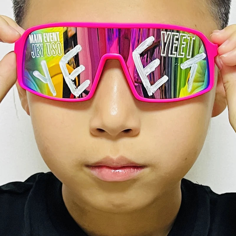 YEET Graphic Sunglasses with Jey Uso Main Event Lettering, Colorful Shield-Style Fan Shades in Children's and Adult Options for Party Outfits