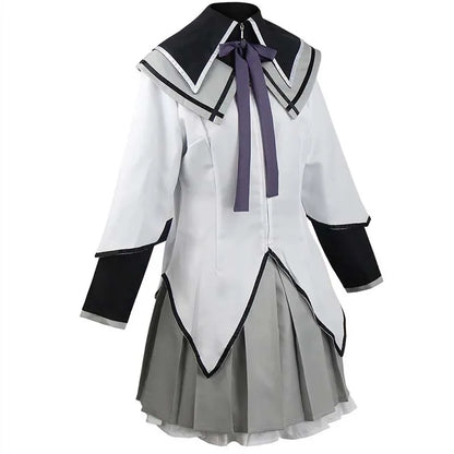 Akemi Homura Cosplay Uniform with White Coat, Gray Skirt, Purple Bows and Stockings, Anime Character Outfit for Halloween and Convention Events