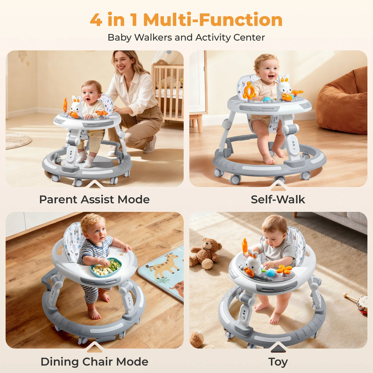 Baby Walker Activity Center in White, 4-in-1 Play Design with 3 Frame Height Settings, 5 Seat Adjustments and Wheeled Base for Indoor Use